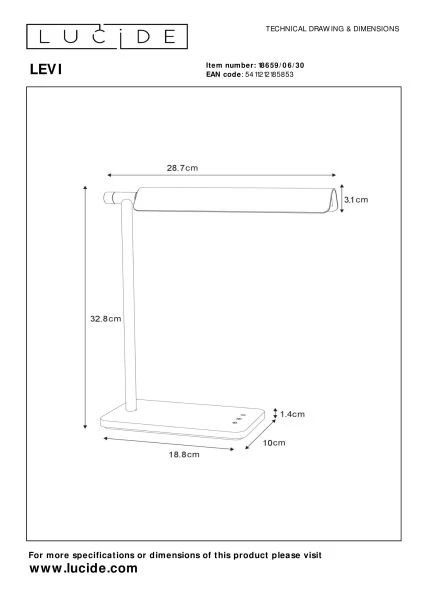 Lucide LEVI - Bureaulamp - LED Dimb. - 1x5,5W 3000K/6500K - 3 StepDim - Zwart - technisch
